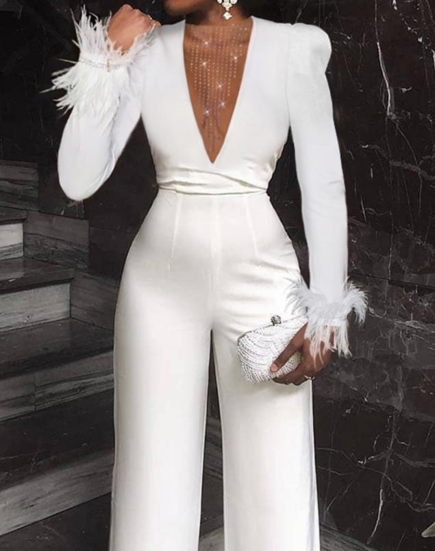 White Rhinestone Mesh Insert Feather Trim Plain V-Neck Long Sleeve Jumpsuit