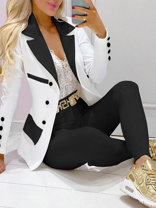 Women's Geometric/Solid Print Double Breasted Blazer & Pants Business Suit