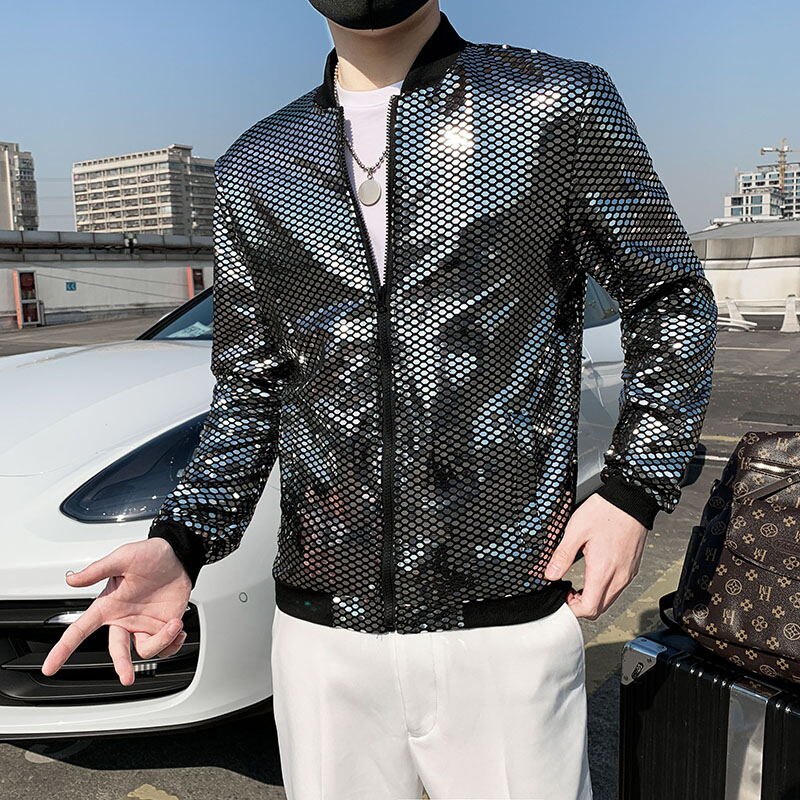 Men's Sequined Shiny Long Sleeve Glitter Zipper Bomber Jacket