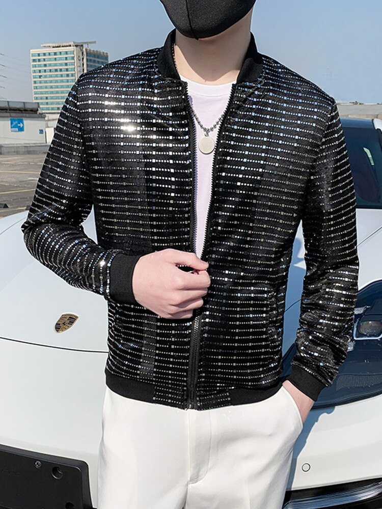 Men's Sequined Shiny Long Sleeve Glitter Zipper Bomber Jacket