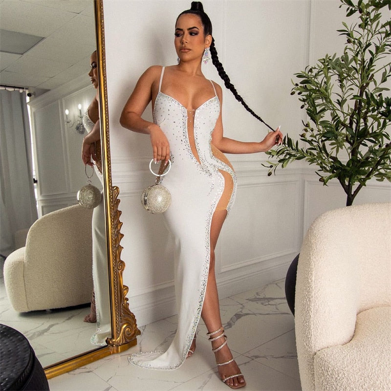 Sparkling Sleeveless Sheer Mesh Diamond Spaghetti Strap Backless High Slit Formal Maxi Dress