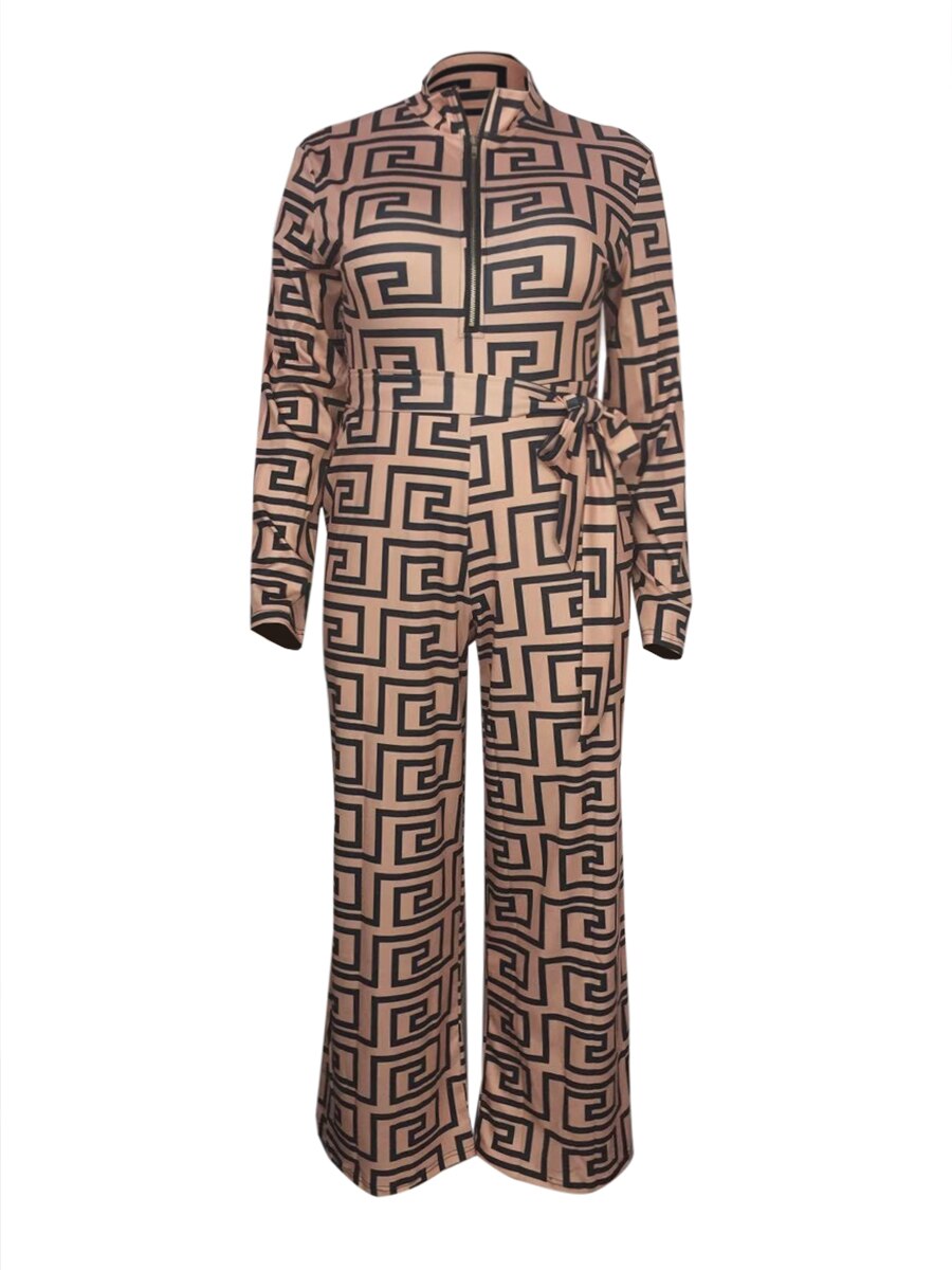 Geometric Print Wide Leg Deep V-Neck Loose Bandage Long Sleeved Jumpsuits Plus to 5X