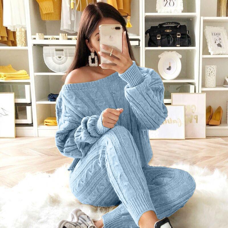 Dropped Shoulder 2-Piece Sweater Set w/ Knitted Pants to 5X