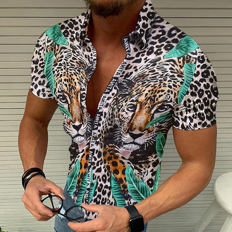 Ethnic Men's Print Stand Collar Short Sleeve Loose Hawaiian Shirt