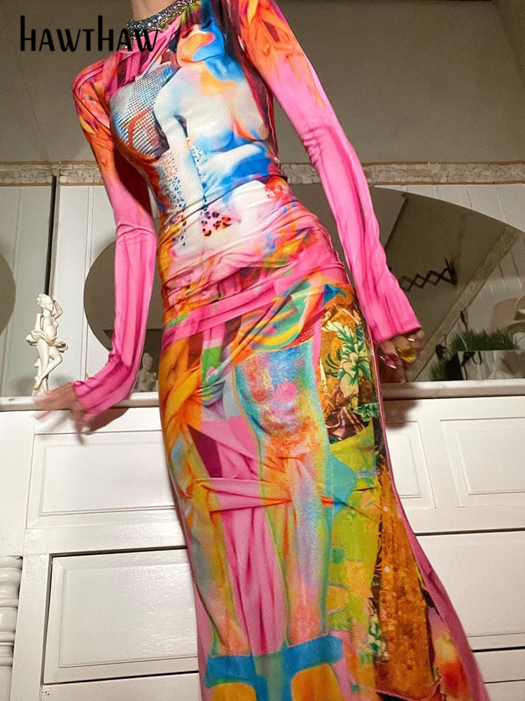 Pink Long Sleeve Bodycon Printed Streetwear Maxi Dress