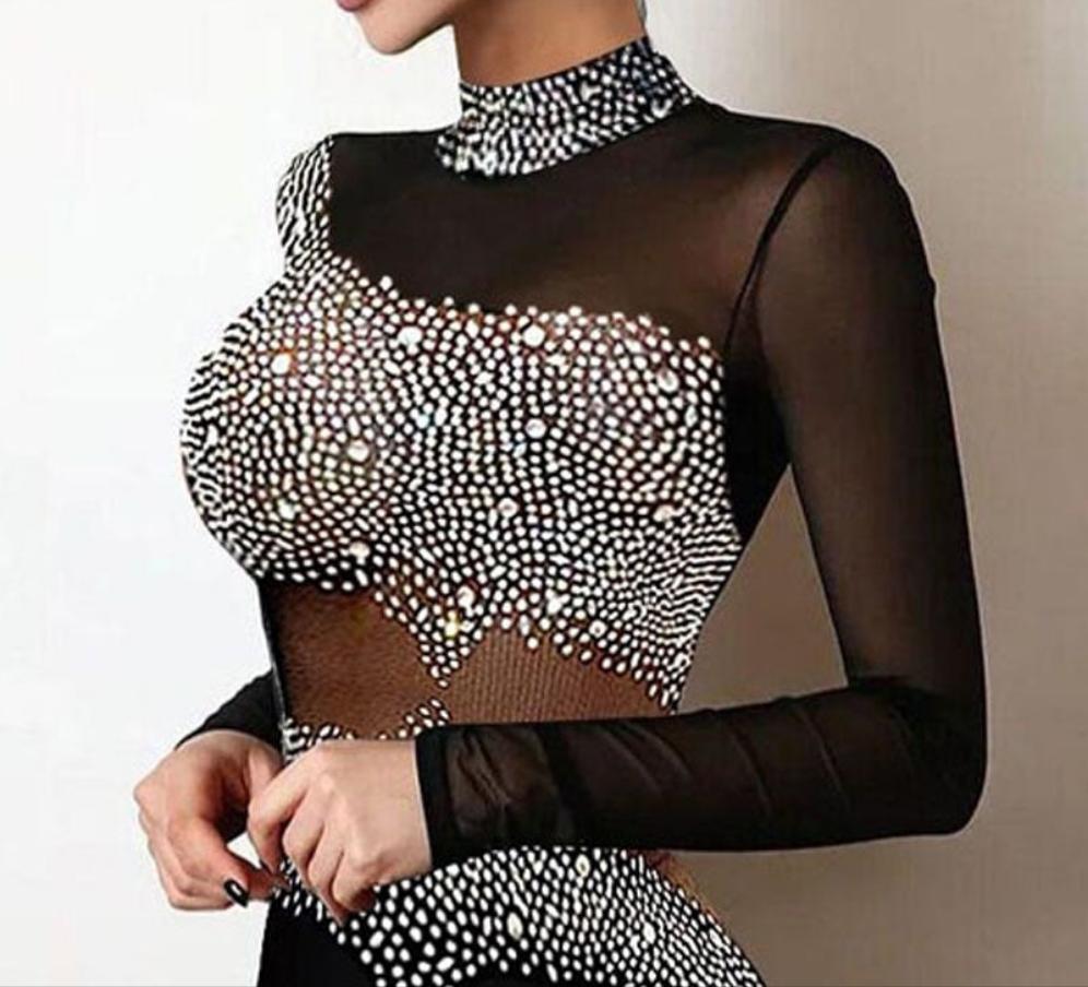 Rhinestone Long Sleeve Sheer Mesh Bodycon Mini Dress