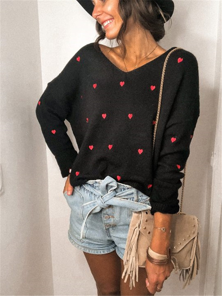 Heart Embroidered Women's V-Neck Pullover Sweater