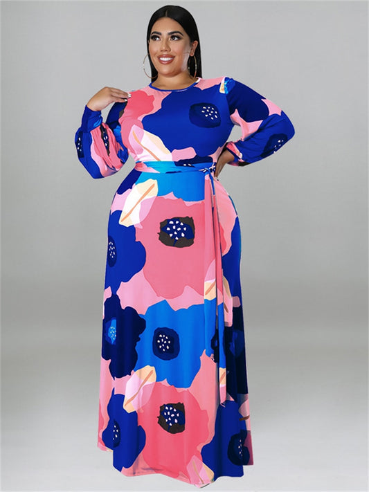 Flower Print Big Hem Elegant Maxi Dress Plus to 5X