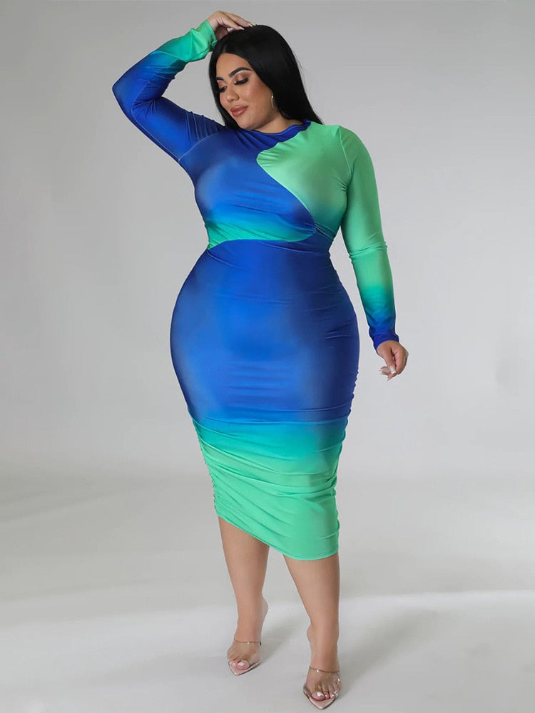 Colorblock Bodycon Strech Long Sleeve Patchwork Maxi Dress Plus to 5X