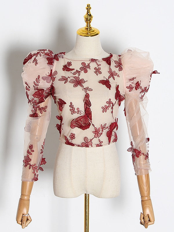 Embroidered Butterfly Mesh Puff Sleeve Blouse