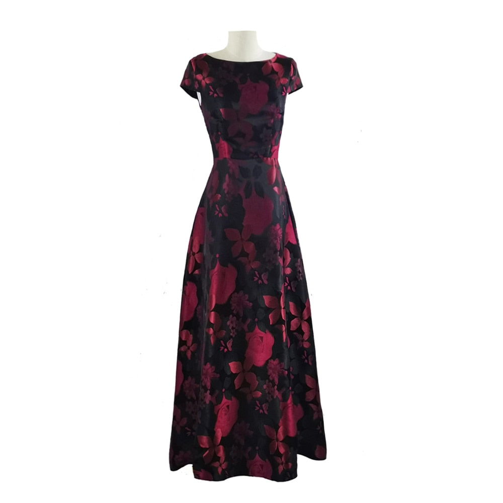 Metallic Rose Flower Bohemian Jacquard Print Flared Formal Evening Maxi Dress