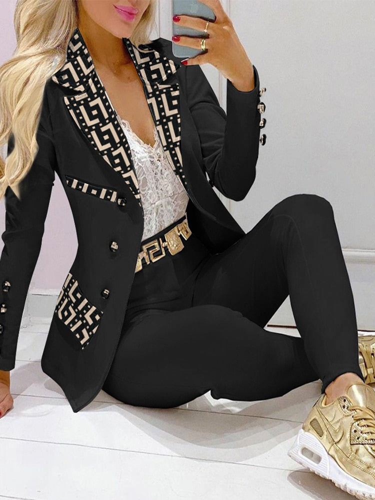 Women's Geometric/Solid Print Double Breasted Blazer & Pants Business Suit