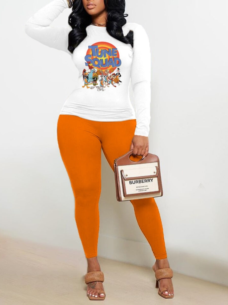 Tune Squad /Heart / IDK IDC IDGAF Printed Long Sleeve Women's O-Neck T-Shirt + Pants 2-Piece Set to 5X Plus Size