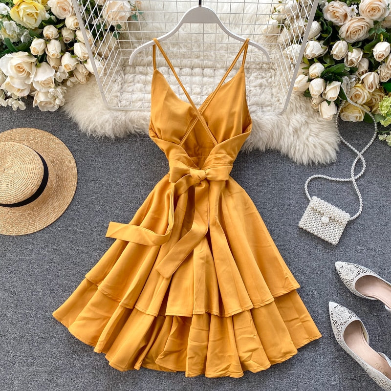 V-Neck Backless Lace Up Ruffles Cakes Solid A-line High Waist Dress