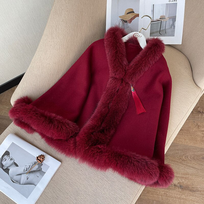 Solid Wool Fox Fur Collar Cheongsam Cloak Retro Tassel Shawl