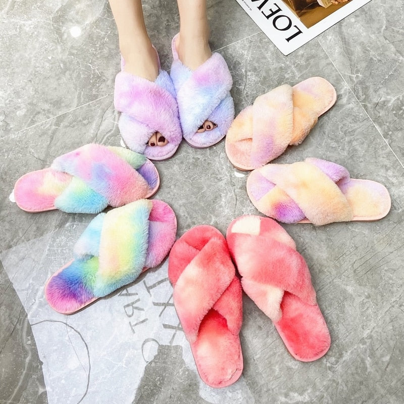 Mixed-Color Ladies Fur Slippers Rainbow Color Home Slippers