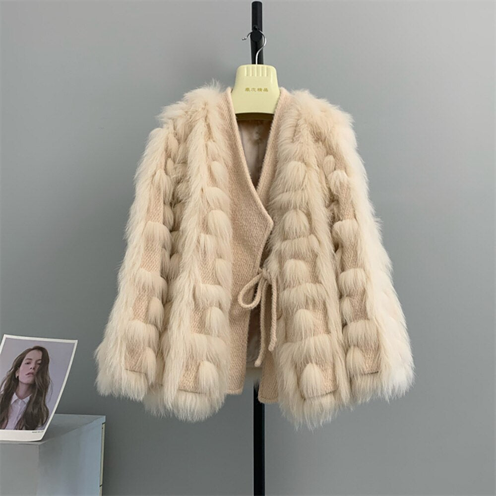 Genuine Fox Fur Ladies Knitted Cardigan Jacket