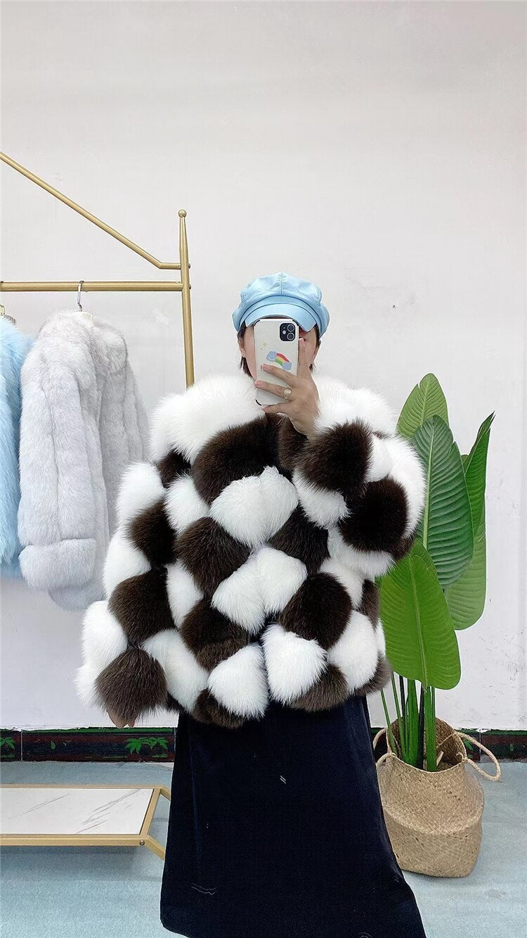 REAL FOX FUR Ladies Plaid Checkerboard Pattern Jacket