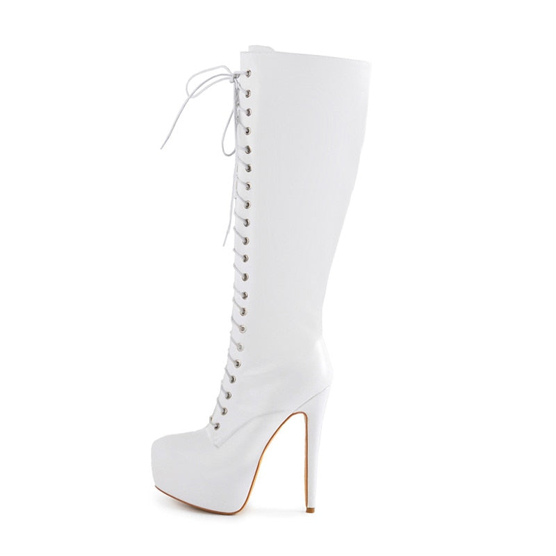 Lace-Up Round Toe Stiletto Platform Zipper Knee High Boots