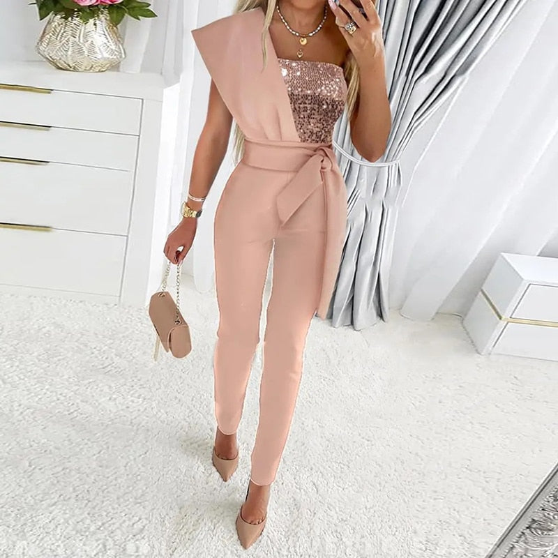 Sequin Patchwork Short Sleeve Slim Bodycon Jumpsuit