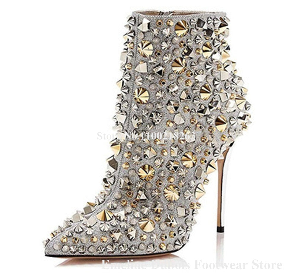 Metal Rivet Pointed Toe Gold Silver Black Studs Stiletto Heel Ankle Boots