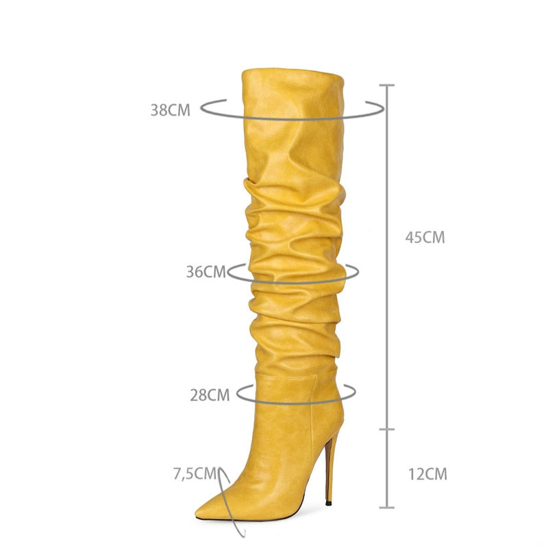 Pointed Toe Pleated Ruched Knee High Boots Ladies