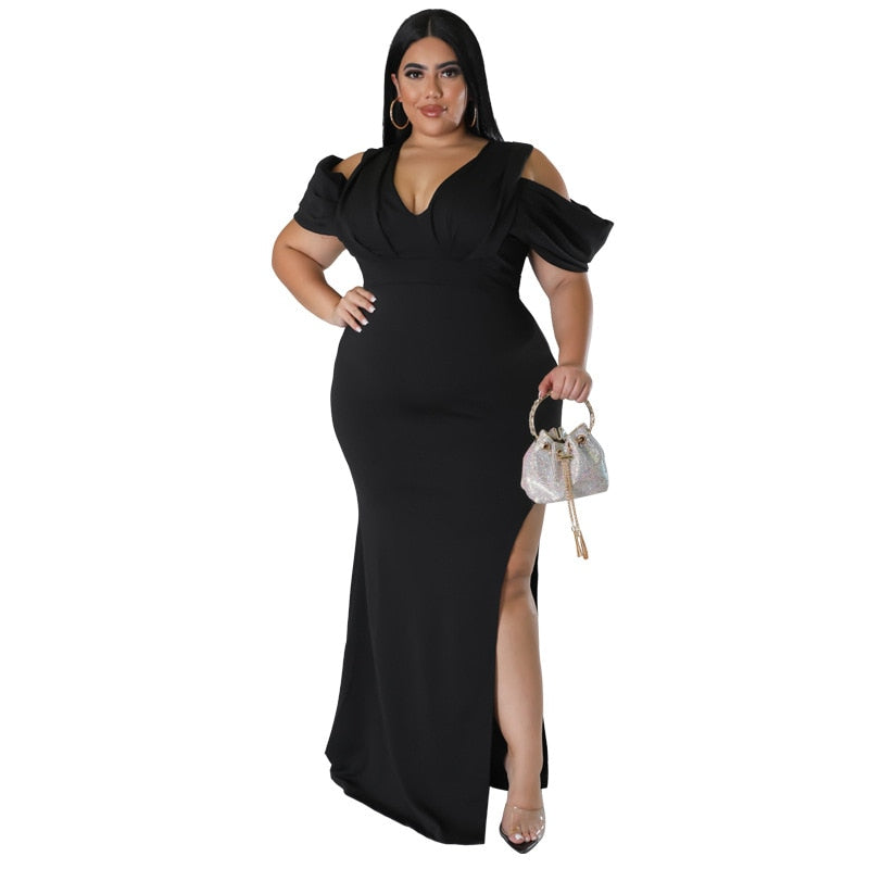 Cut-Out Shoulder V-Neck High Slit Solid Color Maxi Party Dress to 5X Plus Size