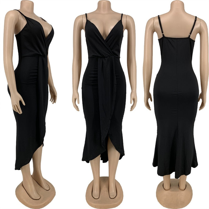 Spaghetti Strap V-Neck Bodycon Stretch Sling Solid Maxi Dress Plus to 5X