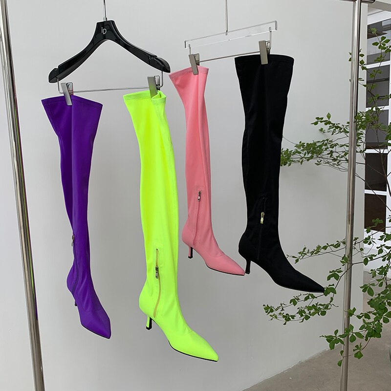 Candy Color Over-The-Knee Pointed Toe Side Zipper Green/Pink/Black/Purple Stretch Fabric Boots