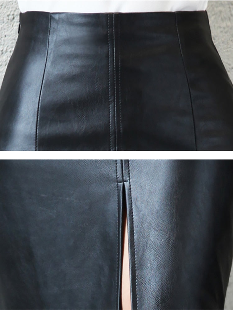 Black PU Leather Mid Split Knee-Length Pencil Skirt to 5X Plus