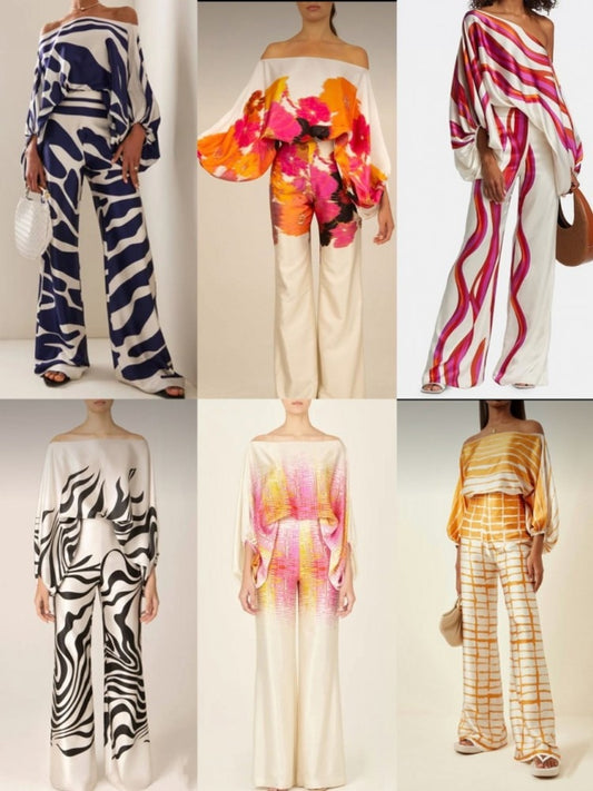 Satin Geometric Colorblock/Zebra/Floral Off-the-Shoulder Shoulder Long Sleeve Blouse + Loose Pants Women's 2-Piece Set
