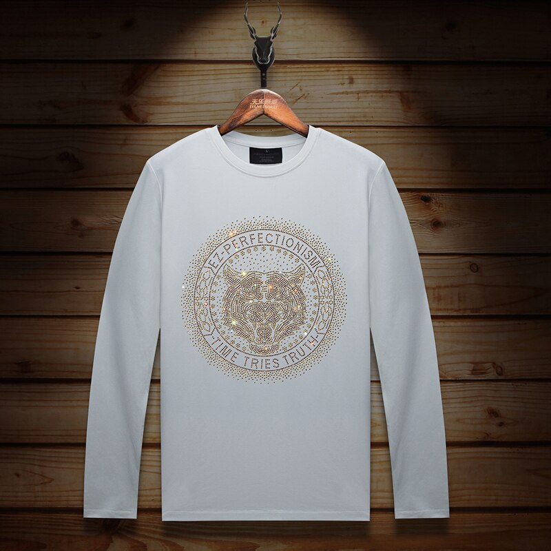 Men's Tiger Rhinestone O-Neck Long Sleeve T-Shirts