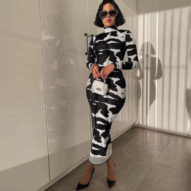 Black/White Long Sleeve Printed Bodycon Pencil Dress