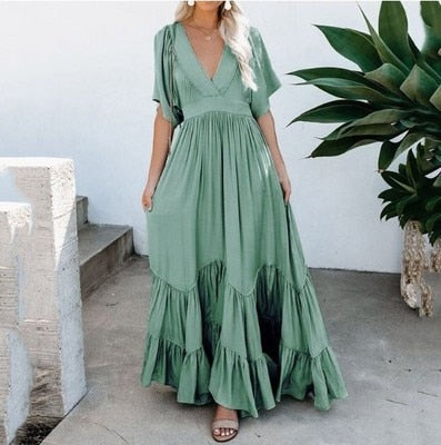 Tiered Vintage Pleated Solid Deep V-Neck Short Sleeve Maxi Dress