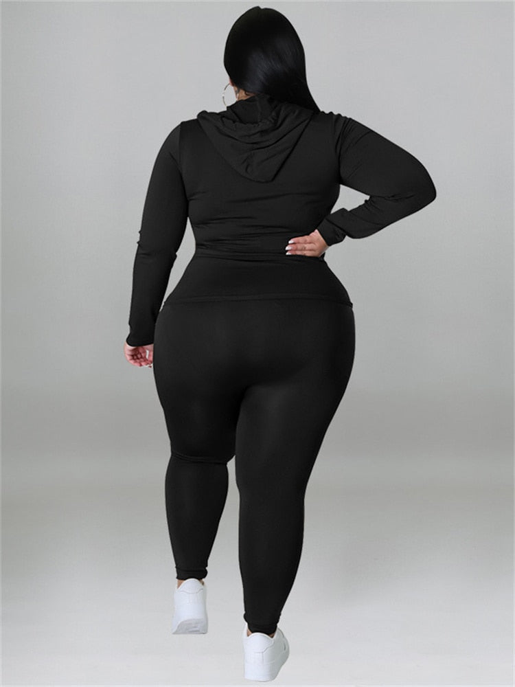 Zipper Hooded Solid Ladies Plus Size Tracksuit to 5X