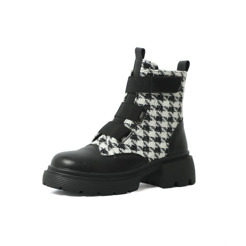 Ladies Genuine Cow Leather Houndstooth Plaid Checked Round Toe Ankle Boots