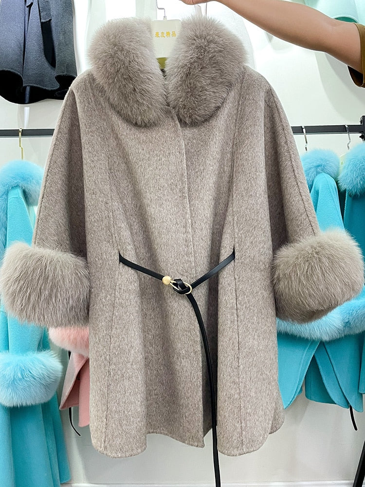 Wool Double-Sided Fox Fur Collar Alpaca Fleece Women's Cloak Furry Sleeved 3/4 Length Coat