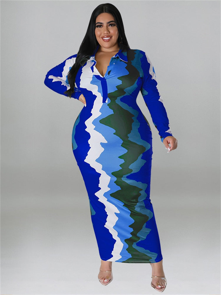 Tie-Dye Colorblock Turn Down Collar Long Sleeve V-Neck Maxi Dress Plus to 5X