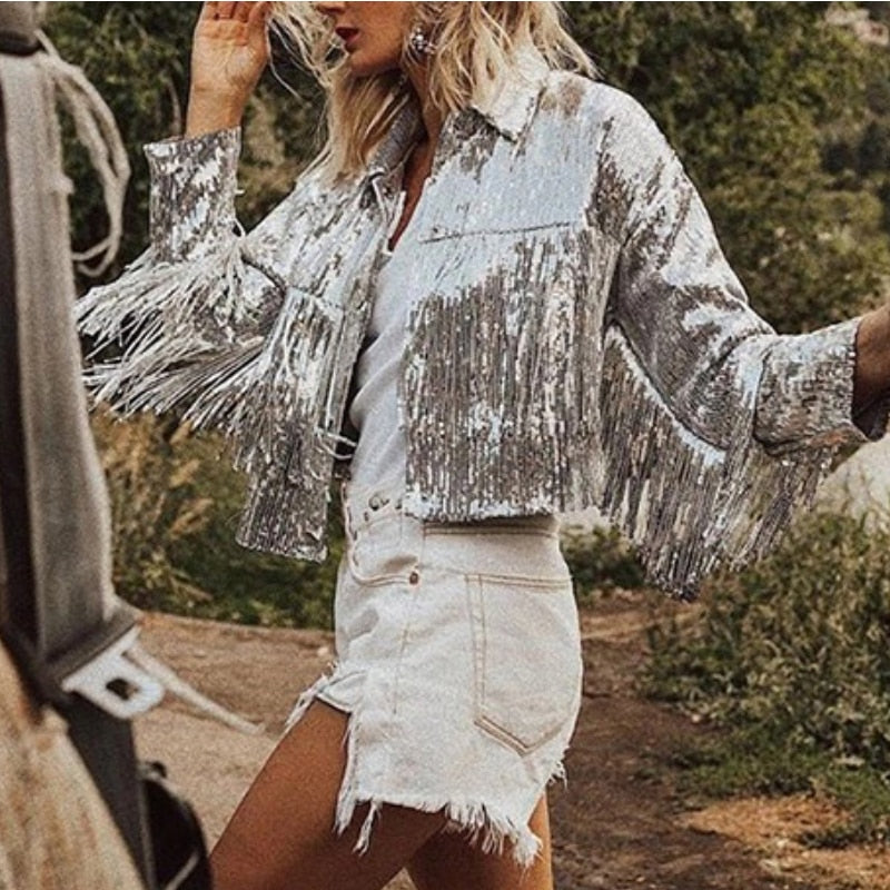 Sequin Metallic Tassel Fringed Beaded Bomber Jacket