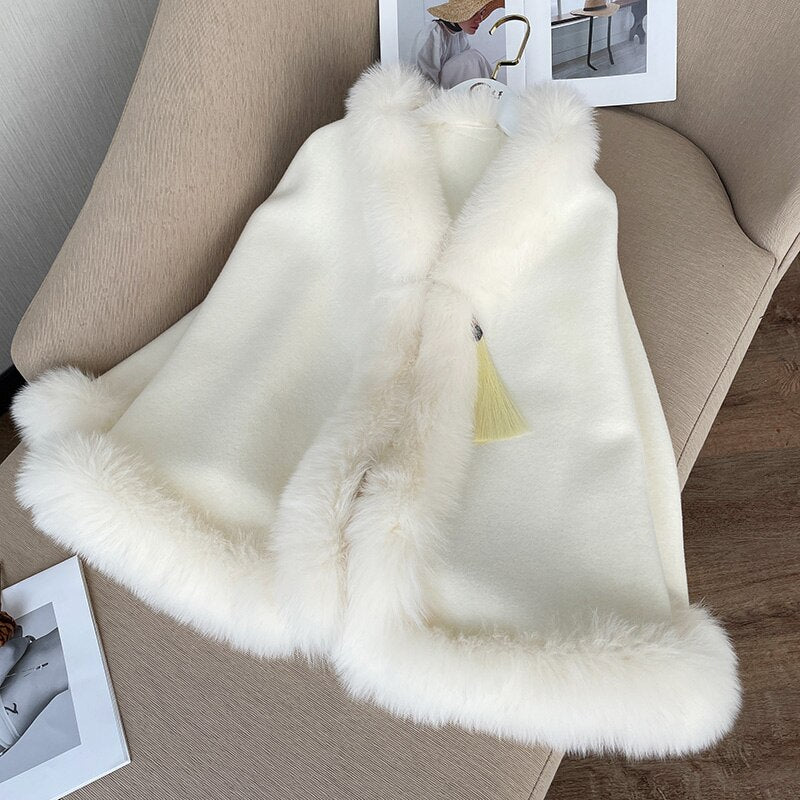 Solid Wool Fox Fur Collar Cheongsam Cloak Retro Tassel Shawl