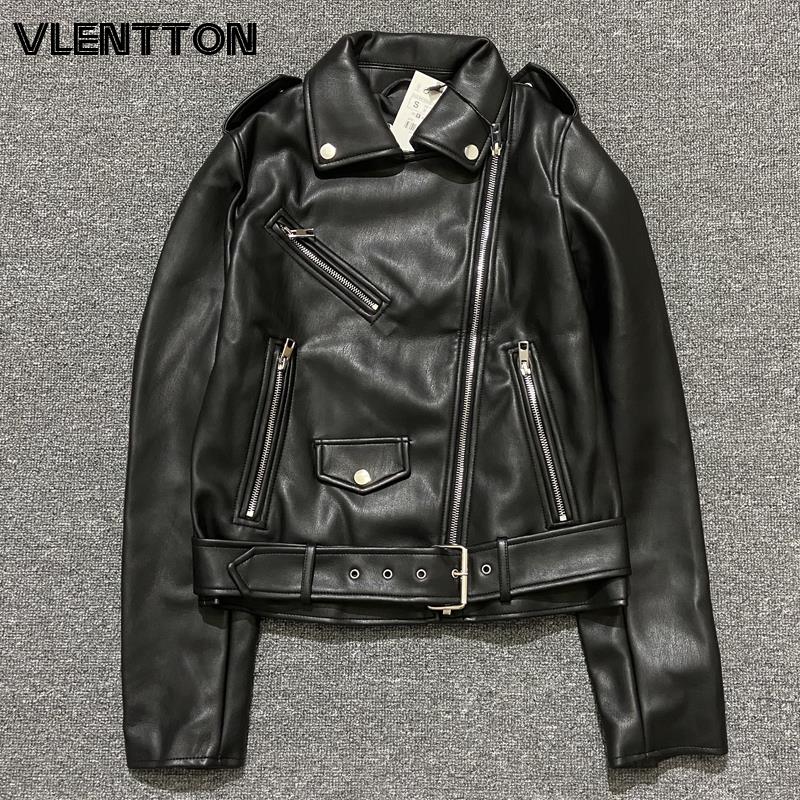 Faux Leather Ladies Biker Jacket Solid With Belt Zipper