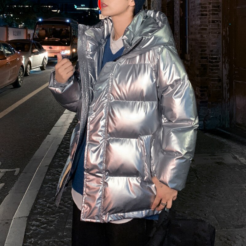 Metallic Shiny Men's Hooded Cotton Padded Puffer Bomber Jacket