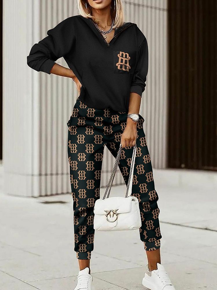 Geometric Printed Letter Long Sleeve Top & Pants 2-Piece Set