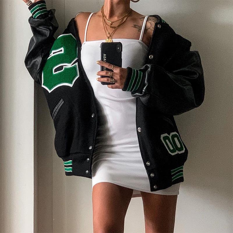 Varsity Jackets Women 2021 Autumn Winter Fashion Oversized Long Sleeve Bomber Loose Black Baseball Vintage Y2K Coat