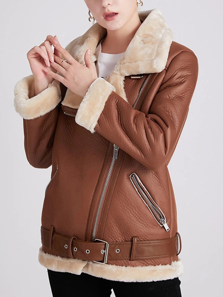 Fur Lined Faux Leather Aviator Jacket