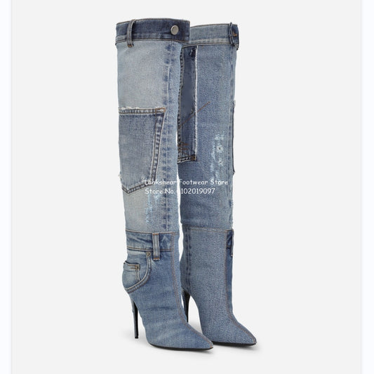 Women's Patchwork Denim Knee High Pointed Toe Stiletto Boots