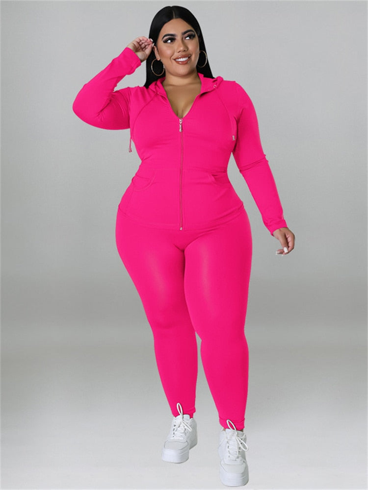 Zipper Hooded Solid Ladies Plus Size Tracksuit to 5X