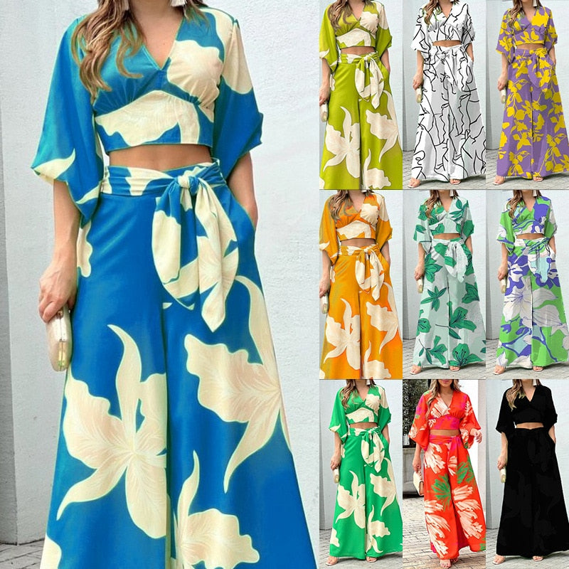 Floral Printed High Waist Wide Pants 3-Piece Set