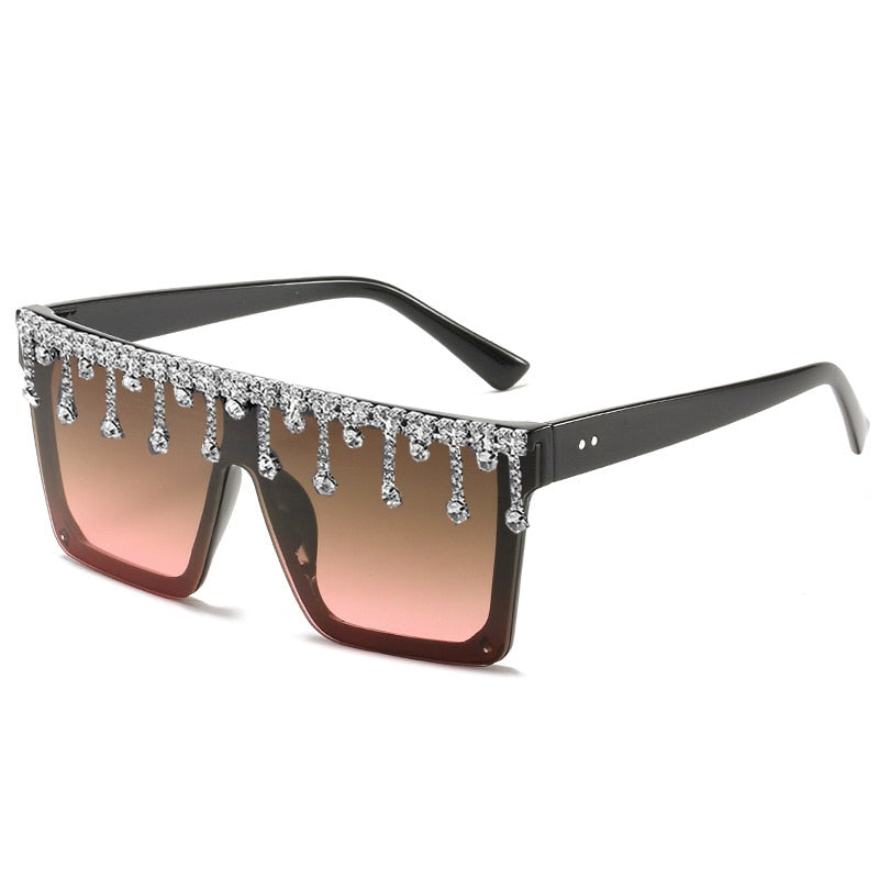 Dripping Iced Out Crystal Rhinestone Tassel Drop Oversized UV400 Ladies Sunglasses