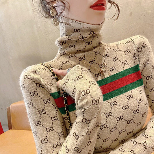 Turtleneck Replica Women's Monogram Jacquard Print Long Sleeve Pullover Sweater